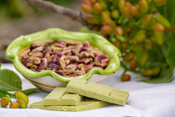 Γλυκά, ντελικάτα, αρωματικά καρύδια, Bronte φιστίκια με λαμπερό πράσινο χρώμα και χειροποίητη σοκολάτα φιστίκι από κοντά - Φωτογραφία, εικόνα