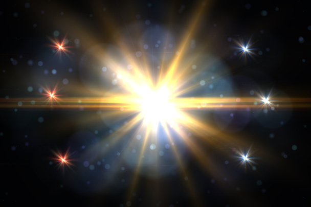 レンズ フレアの星、太陽。黒の背景に光の光線黄 - 写真・画像