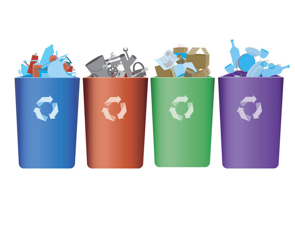 Cajas de votación con plástico, metal, vidrio, basura de papel como concepto de reciclaje y cero residuos. Stock vector ilustración plana con un conjunto de cestas de residuos aislados sobre fondo blanco
 - Vector, Imagen