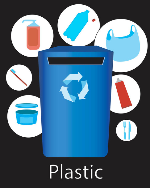 Garbage sorting bin with plastic bottle, plastic packaging, disposable bag, fork and knife. Stock vector flat illustration with garbage sorting basket isolated on black background - Vector, Image