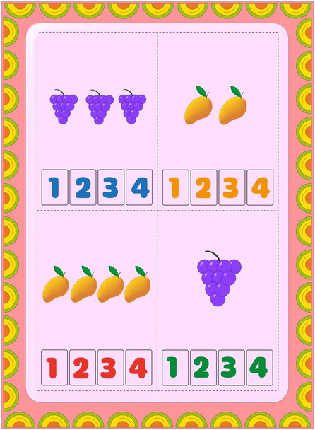 Matematica per bambini in età prescolare con uva e design mango - Vettoriali, immagini