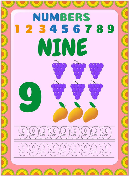 Preschool toddler math with grapes and mango design - Vector, Image