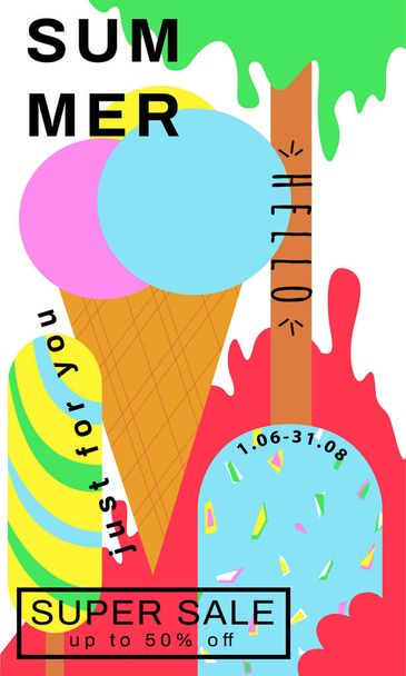 Ilustración venta vacaciones de verano. Cartel abstracto con helado
. - Vector, imagen