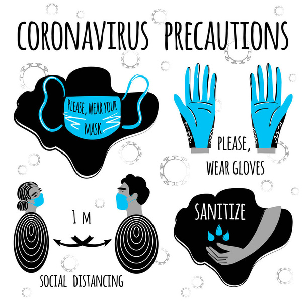 Consejos de precaución contra el Coronavirus. Stock vector arte ilustración conjunto de virus corona COVID-19. Medidas de seguridad y precauciones señales de advertencia. Protéjase a sí mismo y a otros. Advertencia, infección peligrosa
. - Vector, Imagen