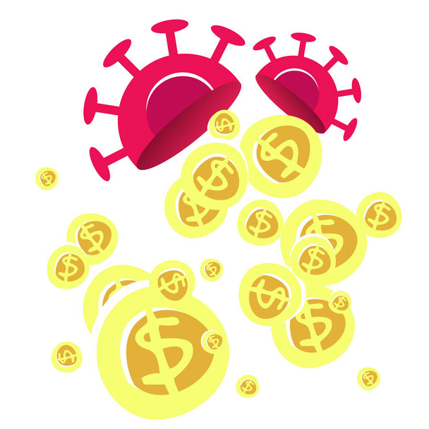 Vector de stock ilustración de un concepto de crisis financiera coronavirus 2020. Las monedas de dinero caen del símbolo del coronavirus. Covid-19 pandémico que afecta a la economía mundial
. - Vector, imagen