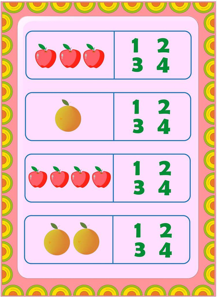 Matematica prescolare e infantile con mela rossa e design arancione - Vettoriali, immagini