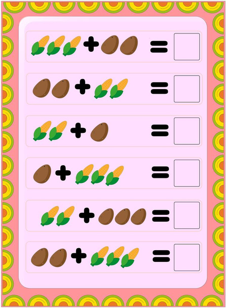 Matematica prescolare e per bambini con disegno di patate e mais - Vettoriali, immagini
