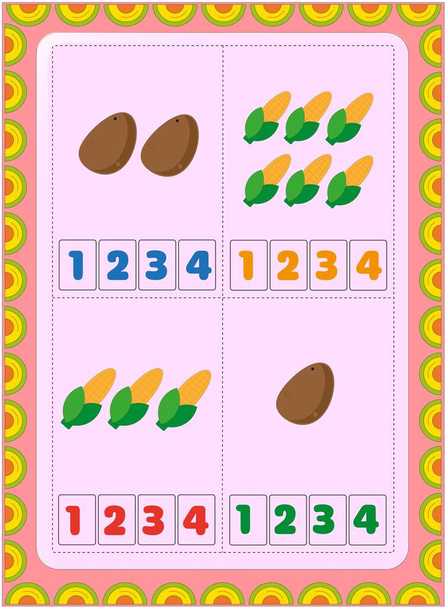 Matematica prescolare e per bambini con disegno di patate e mais - Vettoriali, immagini