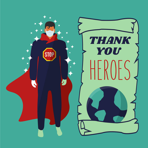 heroic super doctor. brave doctors & nurses in outbreak coronavirus. save & rescue Corona virus pandemic. superman flat design & medical face mask vector. thank you heroes text for healthcare support - Vector, Image