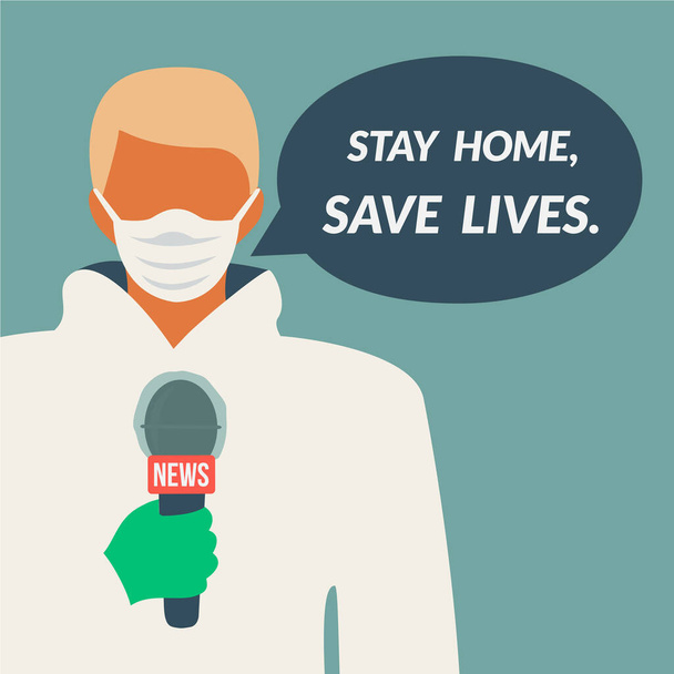Μείνε σπίτι και σώσε ζωές κάνοντας μασάζ. Πανδημία έξαρσης κορωνοϊού. συνέντευξη τύπου. καρτούν επίπεδη σχεδιασμό γιατρός ή δημοσιογράφος αναφέρει ειδήσεις & συνέντευξη στην τηλεόραση ζωντανά & κρατήστε το μικρόφωνο. άτομα σε φορείς καραντίνας - Διάνυσμα, εικόνα