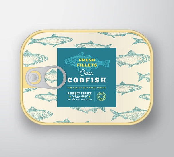 Canned Fish Label Template. Abstract Vector Fish Aluminium Container with Label Cover. Packaging Design. Modern Typography and Hand Drawn Codfish Silhouette Background Layout. - Vector, Imagen