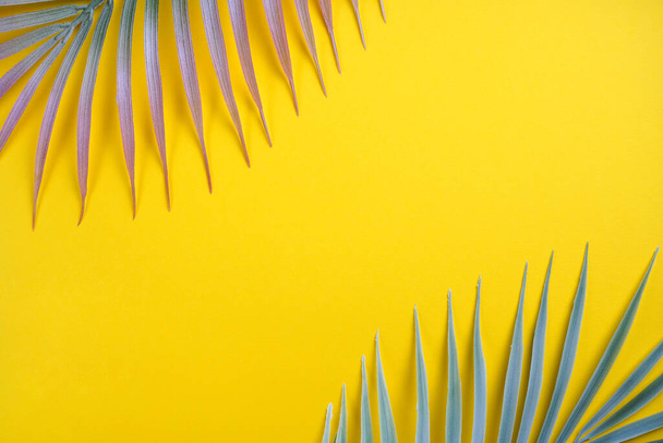 Decorative palm branches on yellow background. Summer, tropical concept. Top view, copy space, flat lay - Foto, imagen