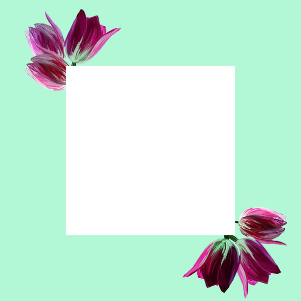 Biglietto d'auguri per la festa della mamma con fiori di tulipano in fiore. Buona Giornata internazionale della donna 8 marzo. Modello di biglietto di auguri con realistici bei tulipani rosa in fiore su sfondo verde chiaro e bianco - Foto, immagini