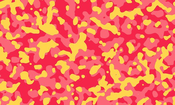 Vector de fondo abstracto en capas amarillo, rosa y rojo con un patrón de formas dispersas. La ilustración tiene un efecto de camuflaje. Gran elemento para fondos y banners con espacio de copia vacío para texto
. - Vector, imagen