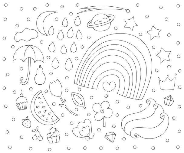 fun pattern in a child's style, with images of different elements - rainbow, clover, fruits, cakes, pearls and planet! Suitable for using children's coloring books, and various design options for children. vector illustration. - Vektor, obrázek