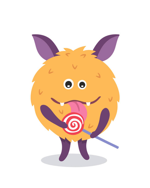 Cute monster mascot with lollipop. Poster for baby room. Childish print for nursery. Design can be used for fashion t-shirt, greeting card, baby shower. Halloween vector illustration. - Vector, Image