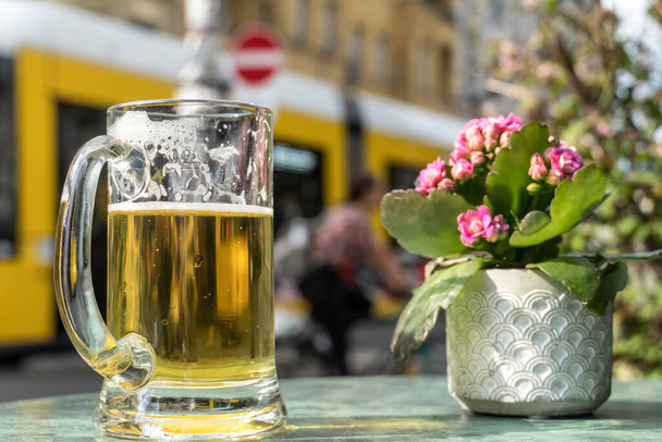 Beer tankard glass or mug and decorative kalanchoe plant. Selective focus. In background, out of focused yellow German streetcar - Photo, Image