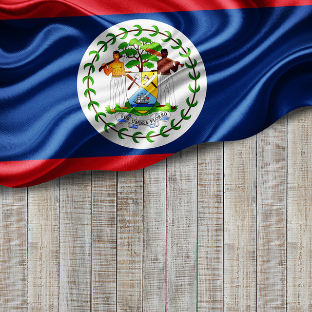 Belize Flagge aus Seide mit Copyspace für Ihre Texte oder Bilder und Holz Hintergrund-3D-Illustration - Foto, Bild