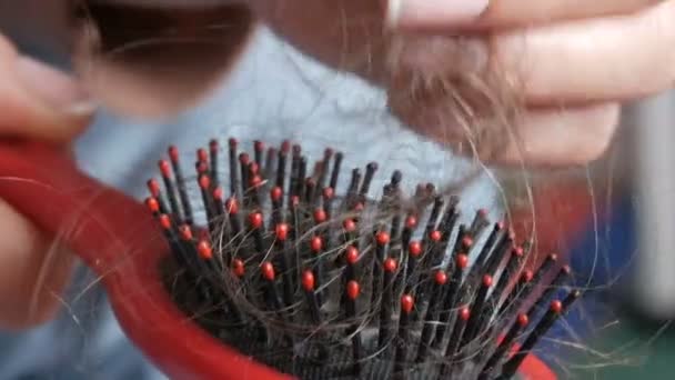 Close up view of female hands clean Drop down hair on a comb after combing. Lots of fallen hair on a comb. Hair loss problem, hormonal failure, stress, diet, scalp and hair bulb disease - Footage, Video