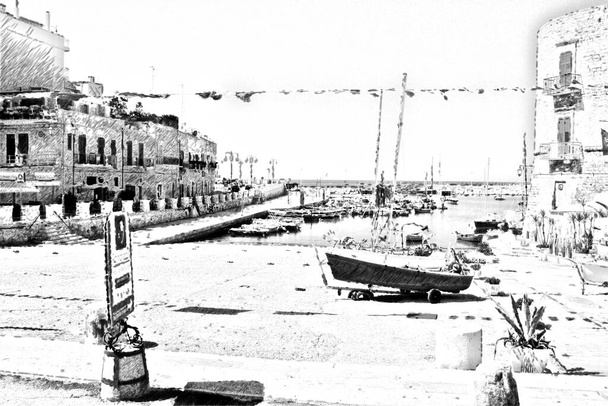Számítógépes fekete-fehér rajz, amely egy pillantást vetít a kis kikötő Giovinazzo, egy kis város Salento Puglia. - Fotó, kép