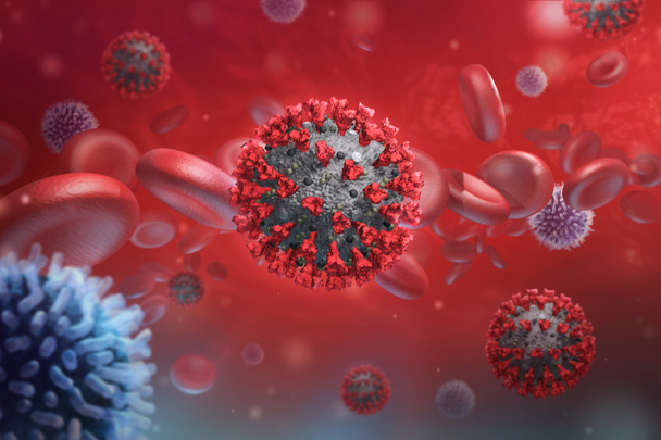 Virüs enfeksiyonu kapanıyor. COVID-19 'un 3 boyutlu tıbbi çizimi. Coronavirüs - Fotoğraf, Görsel