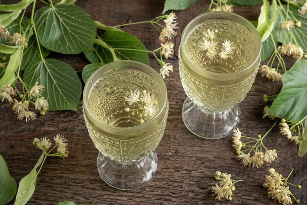 Two cups of herbal tea with fresh linden flowers on a table - Photo, Image