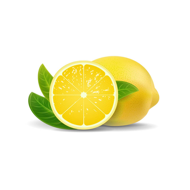 Isolierte Zitrone. Eine ganze Zitrone und eine Hälfte isoliert auf weißem Hintergrund. Vektorillustration - Vektor, Bild