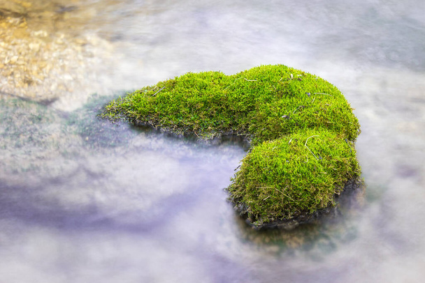 Lange blootstelling, minimalistische, eenvoudige samenstelling van een rots bedekt met levendig groen mos in het midden van de rivier - Foto, afbeelding