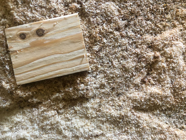 Świeżo wycięty blok drewna z ziarnem drewna znajduje się na szczycie sterty puszystych trocin. Naturalne światło, tło koncepcyjne warsztatu z przestrzenią do kopiowania. - Zdjęcie, obraz