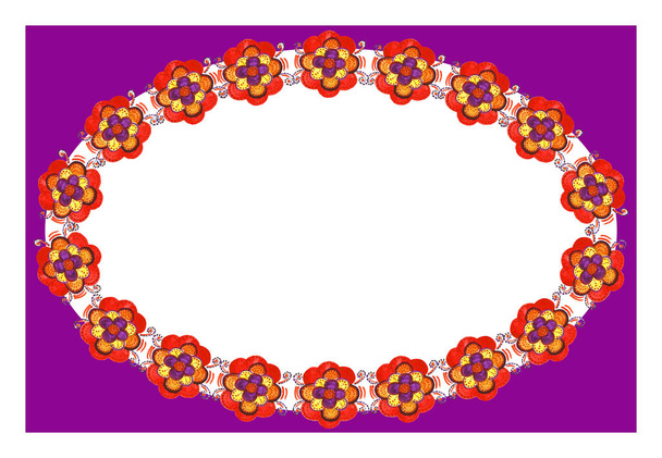 Marco rectangular lila con una corona ovalada de flores de color rojo-amarillo-lila acuarela. Elemento de trama aislado
. - Foto, Imagen