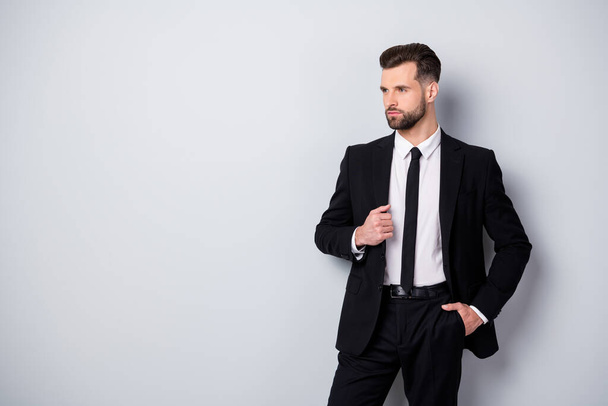 Portrait of serious pensive handsome worker boss look copyspace dream dreamy about enterprise income wear stylish trendy outfit isolated over grey color background - Foto, Imagem