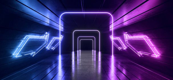 Sci Fi Neon Stage Futuristic Arrows Pointers Construction Laser Frame Blue Purple Glowing Rectangle Reflective Concrete Garage Hallway Tunnel Corridor Cyber Retro Modern 3D Rendering Illustration - Photo, Image