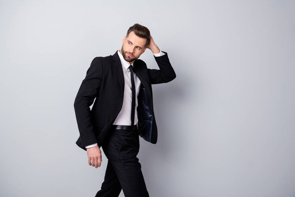 Profile side photo of attractive worker man look copyspace go from hairdresser haircare procedure touch haircut wear classy clothing isolated over grey color background - Foto, Imagen