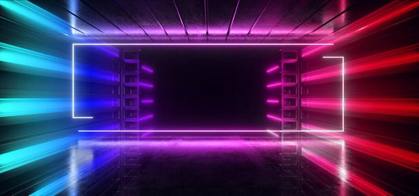 Sci Fi Neon Stage Futuristic Podium Construction Laser Frame Blue Purple Glowing Rectangle Reflective Concrete Garage Hall Tunnel Corridor Cyber Retro Moderne Illustration de rendu 3D - Photo, image