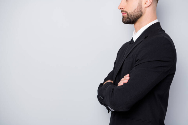 Cropped profile side photo of successful collar man real big company owner cross hands ready decide decisions wear stylish outfit isolated over grey color background - Photo, Image