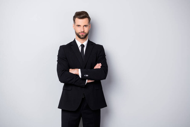 Portrait of masculine strict executive manager man cross hands ready solve big company problems wear good looking clothing isolated over grey color background - Foto, afbeelding