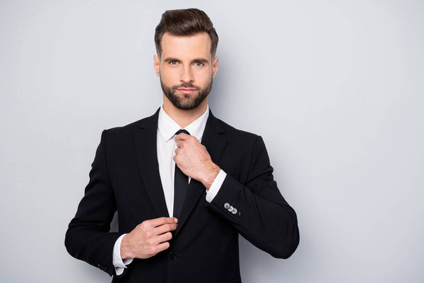 Portrait of intelligent work expert man prepare for business meeting stand look mirror adjust his tie wear classy outfit isolated over grey color background - Φωτογραφία, εικόνα