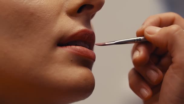 Widok z bliska profesjonalnego makijażysty nakładającego szminkę na usta modelki. 4k zwolniony ruch - Materiał filmowy, wideo