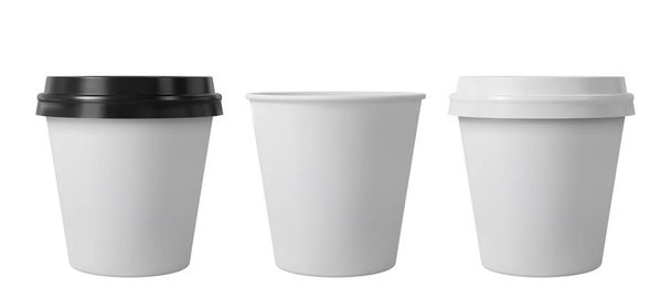 Tasses à café en papier avec couvercles noirs et blancs. Petite tasse en papier ouverte et fermée. Modèle vectoriel réaliste. - Vecteur, image