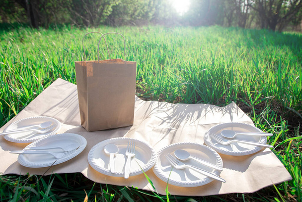 biodegradable corn starch cookware and craft picnic bag. eco friendly. spoons, forks, plates from environmentally friendly materials. modern replacement for plastic. - Photo, Image