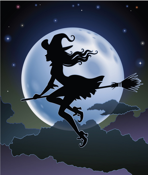 Silhouette of a beautiful witch flying in front of a full moon - Vector, Image