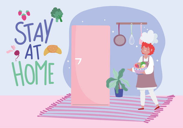 blijf thuis, vrouwelijke kok met kom vol groenten, koken quarantaine activiteiten - Vector, afbeelding