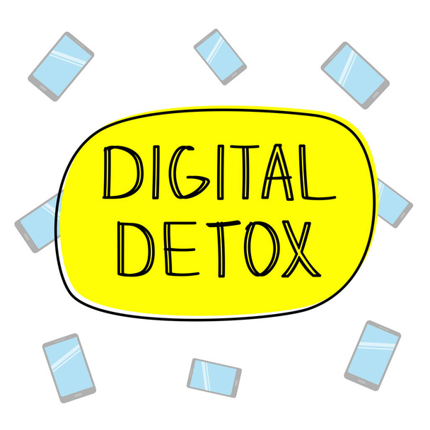 Digital detox vector colorful illustration. Isolated bright yellow buble with hand drawn lettering inside. Flat smartphone icons as a background. Mental health concept - Vector, Image