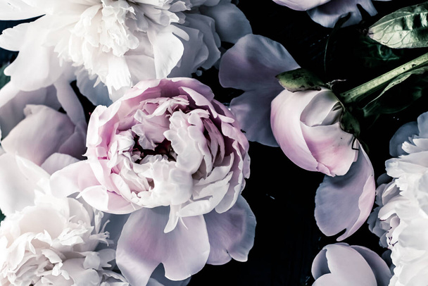 Çiçekli sanat arka planı olarak pastel şakayık çiçekleri, botanik düzlükler ve lüks markalar - Fotoğraf, Görsel