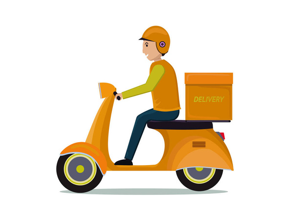 配達人はバイクに乗って、顧客に注文パッケージを送る。白の隔離 - ベクター画像