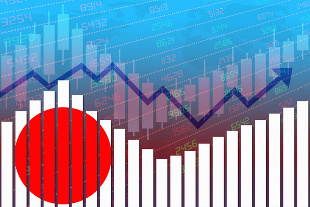 Bandiera del Giappone sul concetto di grafico a barre di ripresa economica e di miglioramento delle imprese dopo la crisi come Covid-19 o altre catastrofi mentre l'economia e le imprese riaprono. - Foto, immagini
