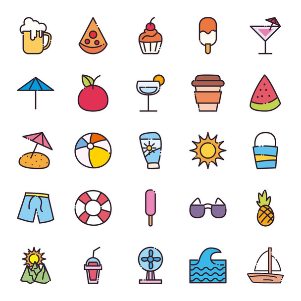 Summer fill and line style icon set vector design - Вектор,изображение
