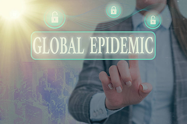 Notatka z Global Epidemic. Zdjęcie biznesowe pokazujące szybkie rozprzestrzenianie się choroby zakaźnej na szerokim obszarze geograficznym Kłódka graficzna dla aplikacji bezpieczeństwa danych internetowych - Zdjęcie, obraz