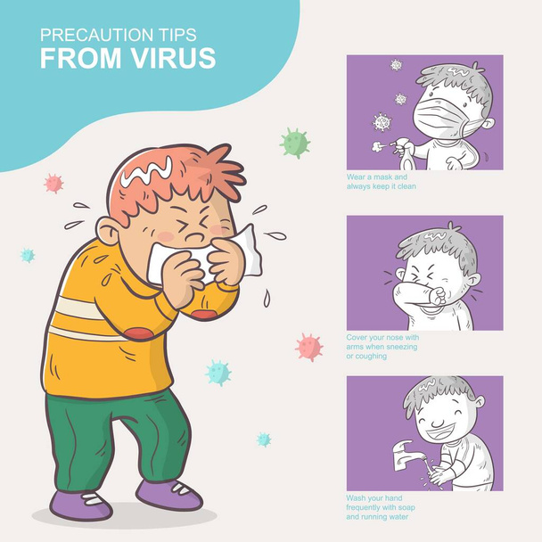 Virüs, karikatür illüstrasyonları ve bilgi kaynaklarından alınan önlemler - Vektör, Görsel