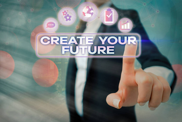 Konceptualne ręczne pisanie ukazujące Tworzenie Twojej przyszłości. Pokazywanie zdjęć biznesowych Dowiedz się, czego chcesz i co chcesz zrobić, aby osiągnąć. - Zdjęcie, obraz